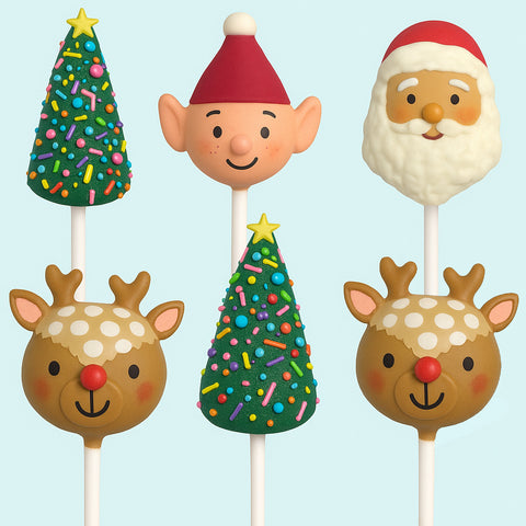 North Pole Christmas cake pop bundle with Santa, elf, reindeer and Christmas tree designs.
