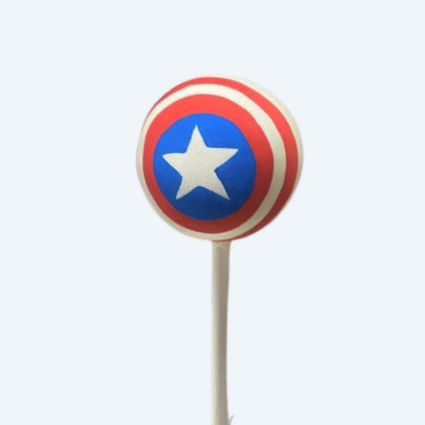 Patriotic shield cake pop with red, white and blue candy melt design.