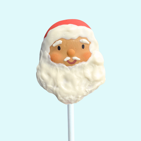 Santa Christmas cake pop with fluffy beard and rosy cheeks.